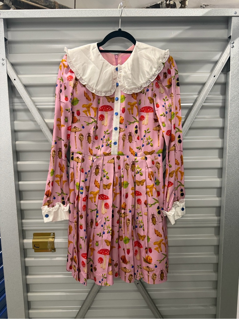Pink Mushroom & Nature Print Dress with White Peter Pan Collar